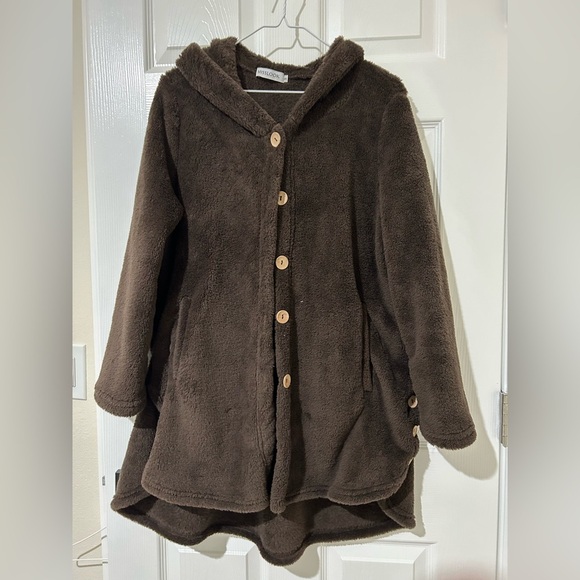 Misslook brown fuzzy house coat with hood pockets button up sz small - Picture 1 of 5